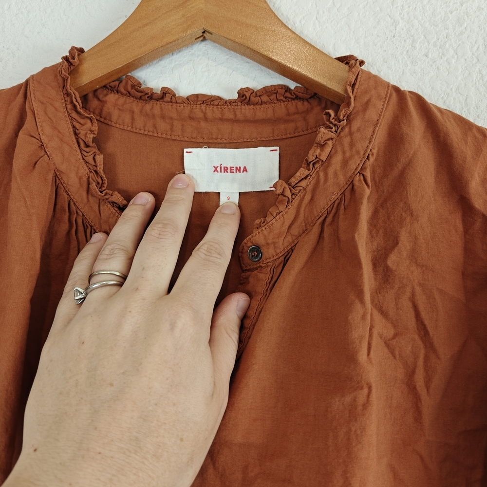 Xirena Orange Cotton Ruffle Neck Button Down Blouse | Relaxed Boho Coastal Chic - Picture 5 of 10